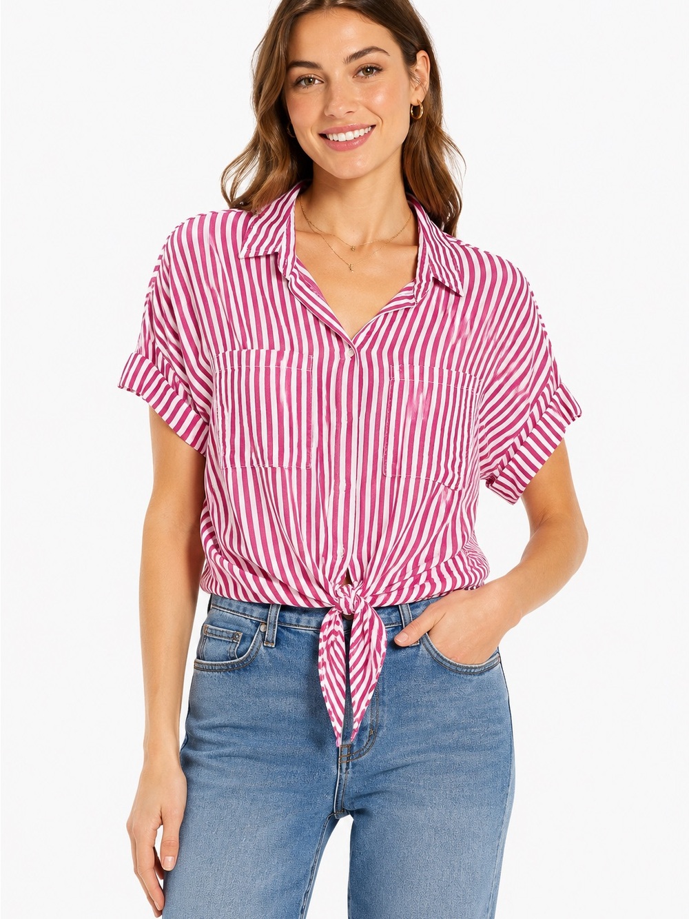 Van Heusen Pink and White Striped Tie-Front Button Down Shirt